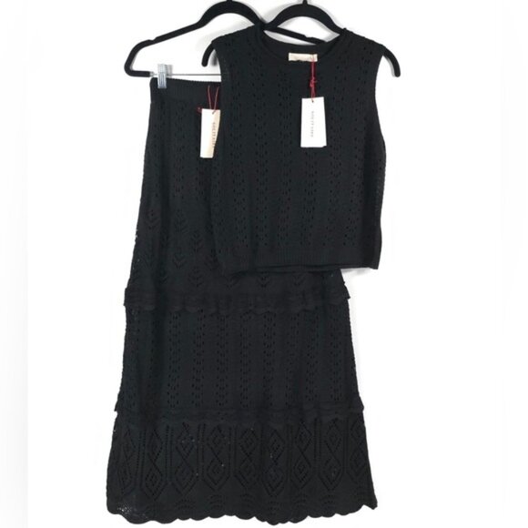 NWT SOLITARIE ANTHROPOLOGIE SET Knit Top Maxi Skirt Drawstring Eyelet Crochet